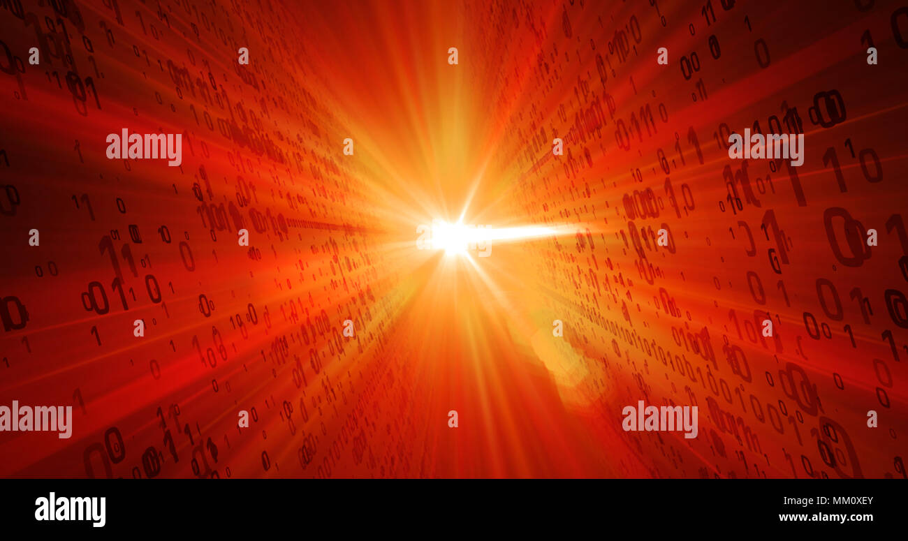 Die digitale Technologie Konzept. Feuriges rot Binärcode fliegen von Lichtquelle im Hintergrund. Lichtstrahlen und dynamische Nummern Motiv. Stockfoto