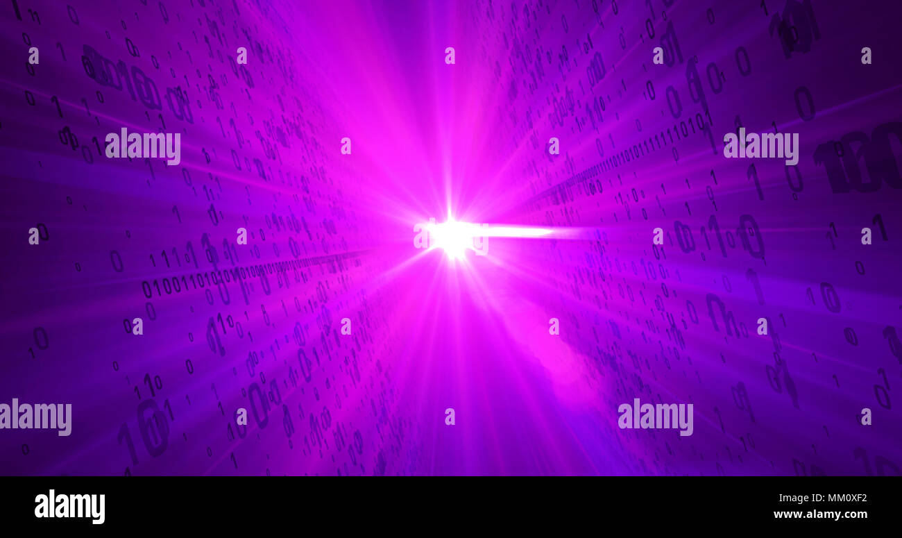 Die digitale Technologie Konzept. Feuriges rot Binärcode fliegen von Lichtquelle im Hintergrund. Lichtstrahlen und dynamische Nummern Motiv. Stockfoto