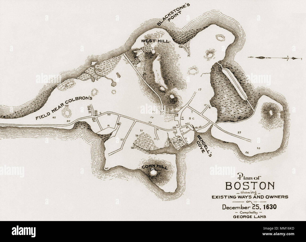 Karte von Boston. 1630 Stockfoto