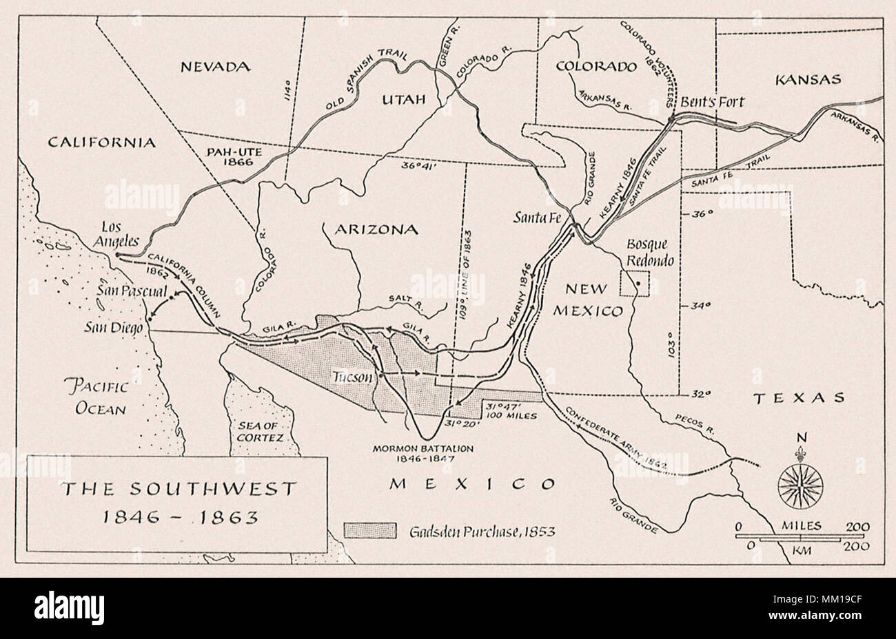 Karte der Südwesten, 1846 - 1863 Stockfoto