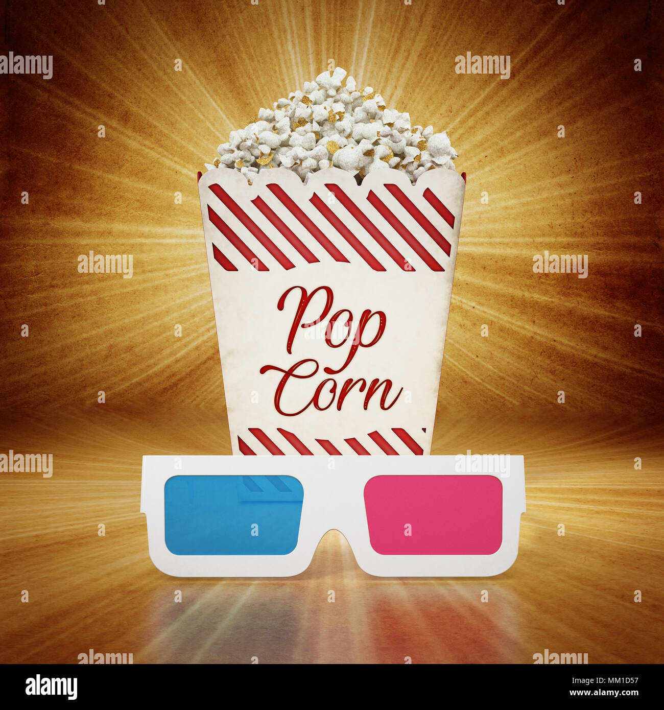 Vintage Popcorn und 3D anaglyph Brille auf grunge Hintergrund. 3D-Darstellung. Stockfoto