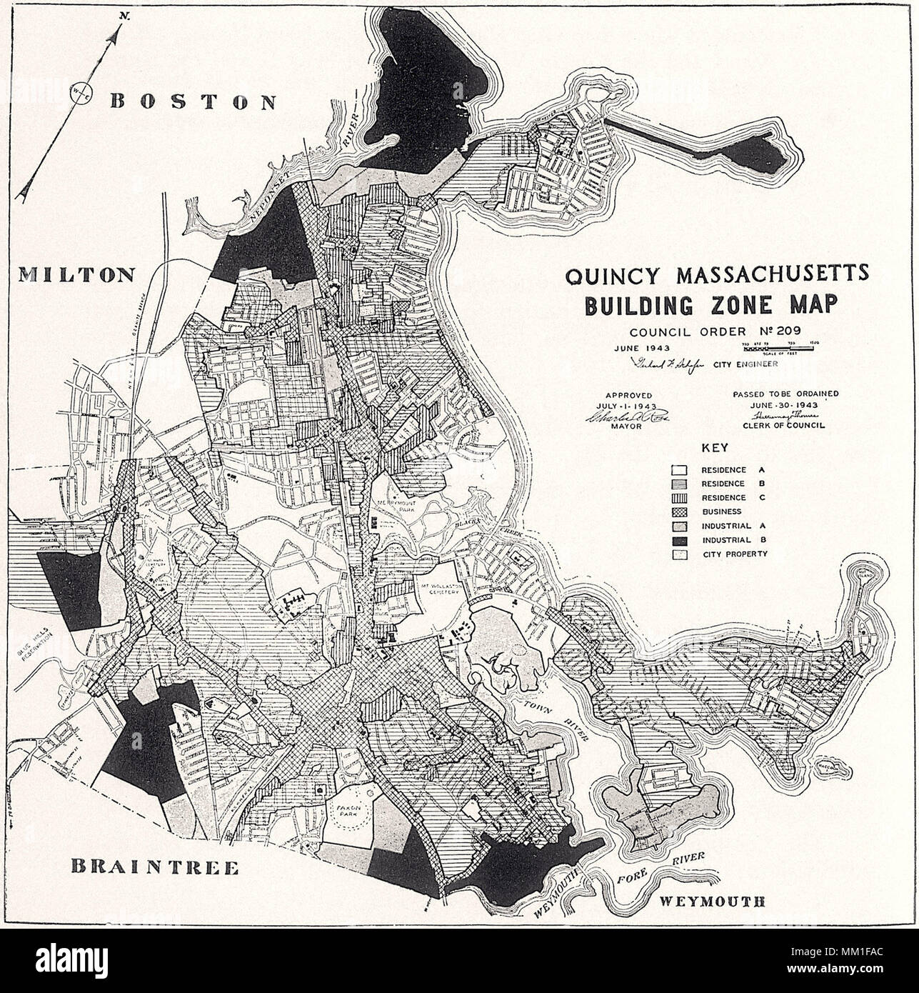 Gebäude Zone Karte von Quincy. 1943 Stockfoto