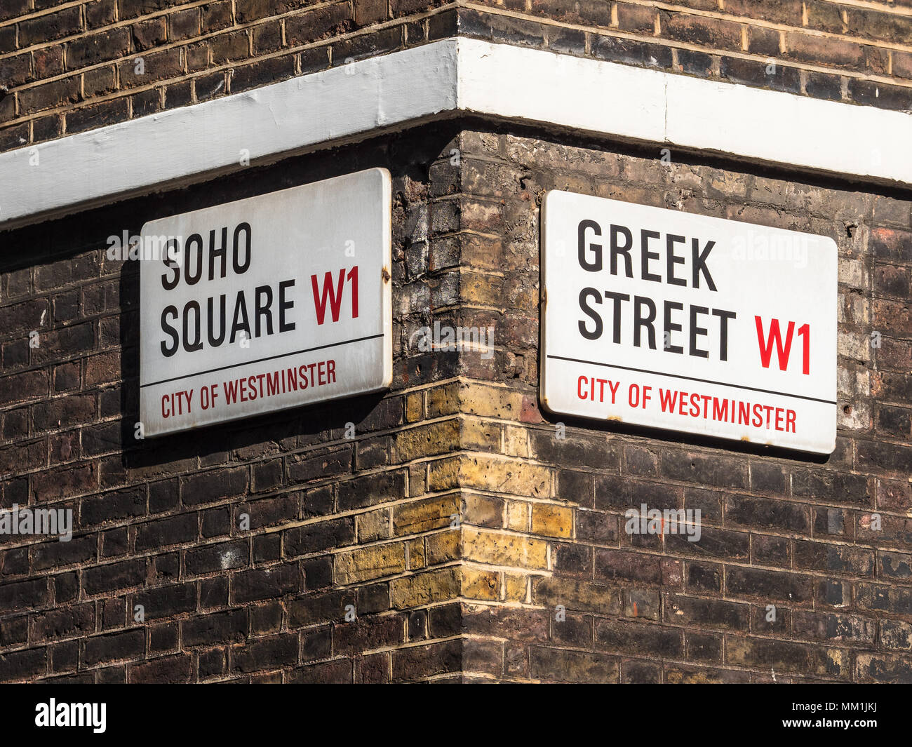 Soho Straßenschilder Serie - Griechische Straße/Griechischen St/Soho Square - Londons Stadtteil Soho Straßenschilder Stockfoto