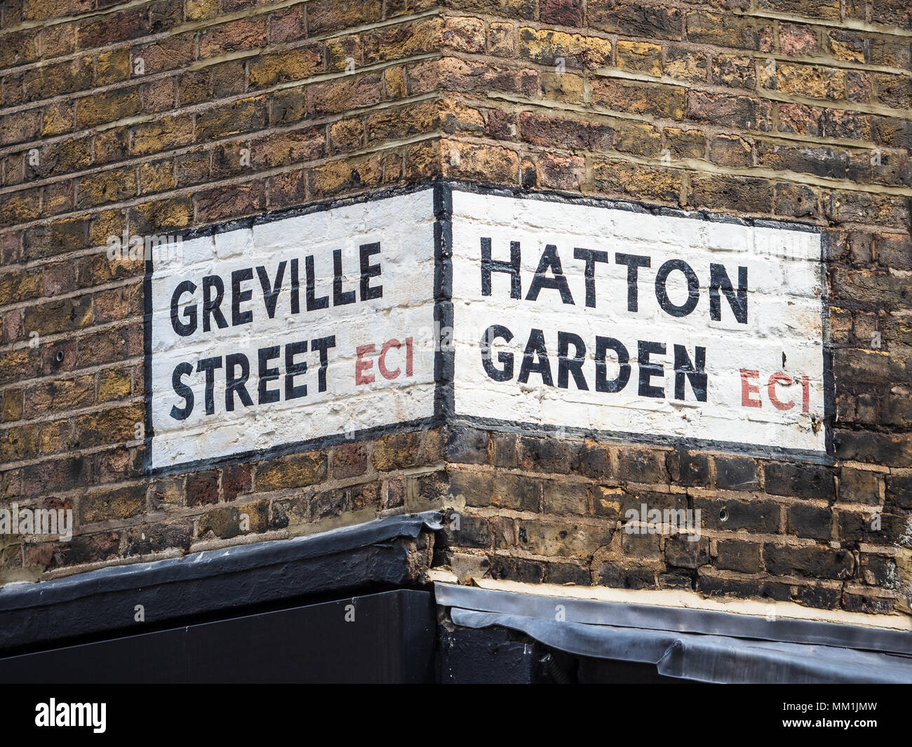 Die London Street signs - Hatton Garden, London's Diamant- und  Schmuckbereich Stockfotografie - Alamy