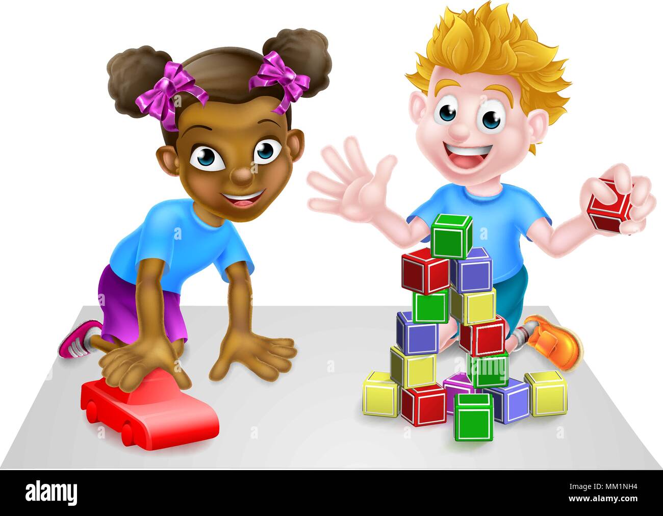 Cartoon Junge und Mädchen spielen mit Auto und Blöcke Stock Vektor