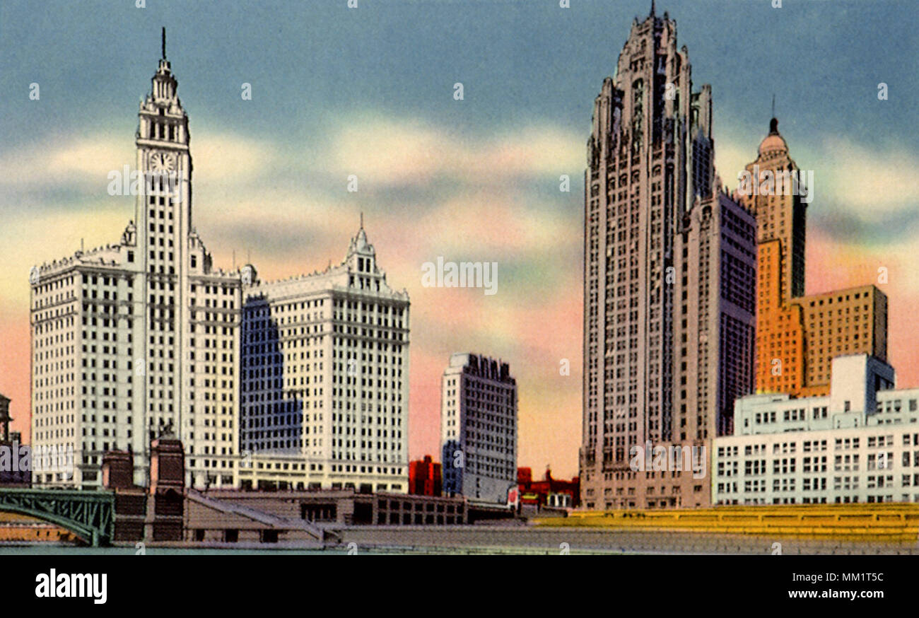 Wrigley Building und Tribune Tower. Chicago. 1930 Stockfoto