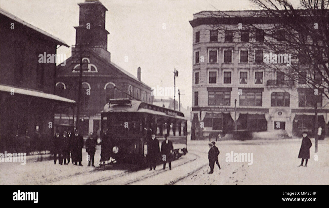 Straßenbahn auf der Straße. Manchester. 1910 Stockfoto