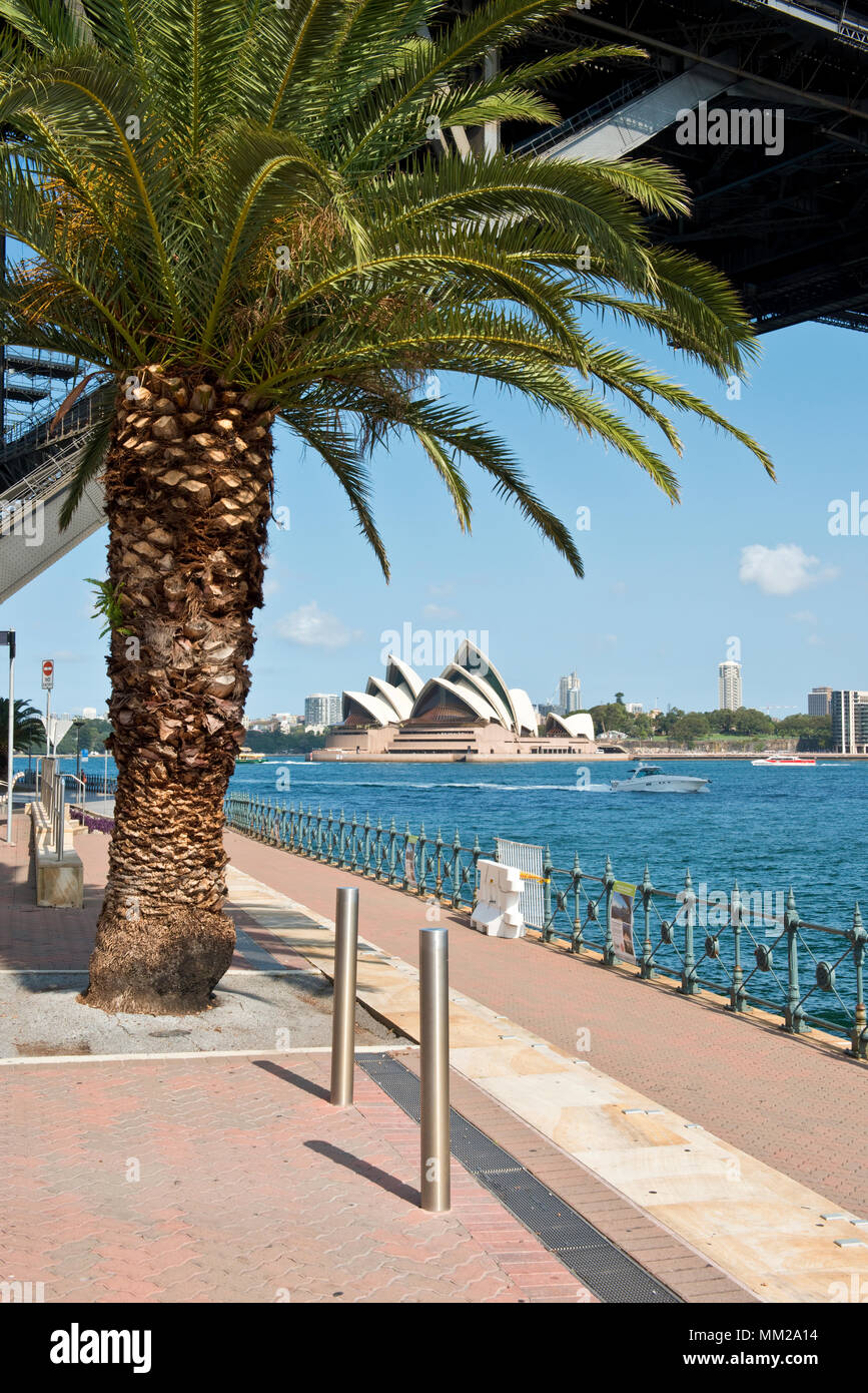 Blick nach Osten unter der Sydney Harbour Bridge in Richtung Opera House Stockfoto