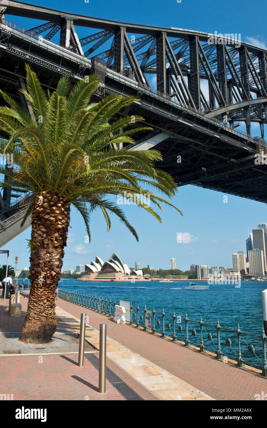 Blick nach Osten unter der Sydney Harbour Bridge in Richtung Opera House Stockfoto