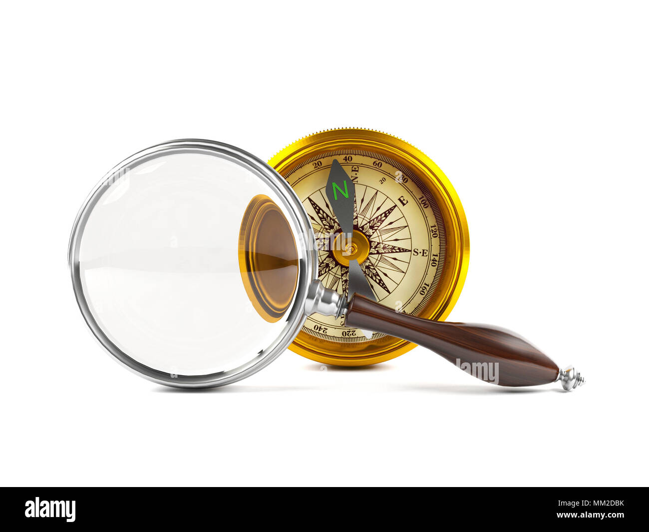 Lupe goldene Kompass untersuchen Stockfoto