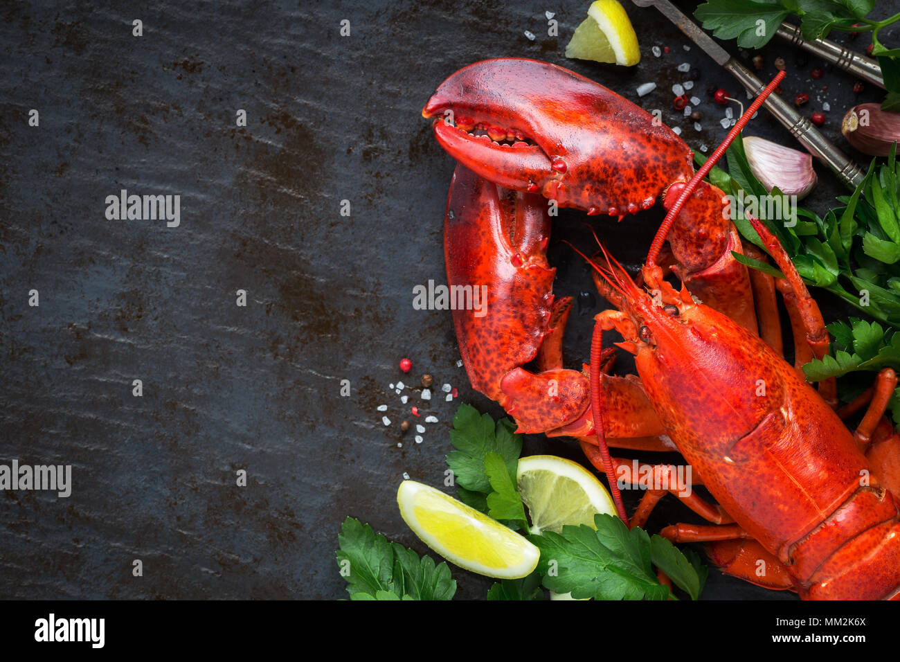Ganze Red Lobster mit frischer Petersilie, Zitrone, Knoblauch, Salz und Pfeffer Bohnen. Ansicht von oben mit viel Platz für Ihren Text kopieren Stockfoto