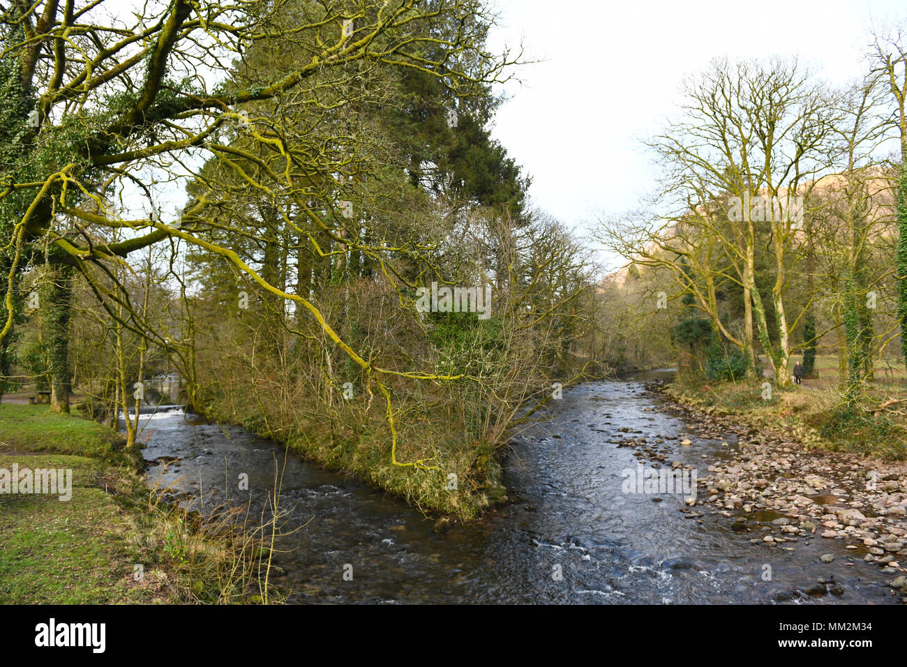 Der Fluss Tawe fließt durch die Anlage von Craig y Nos im Tal von Swansea, Wales. Stockfoto