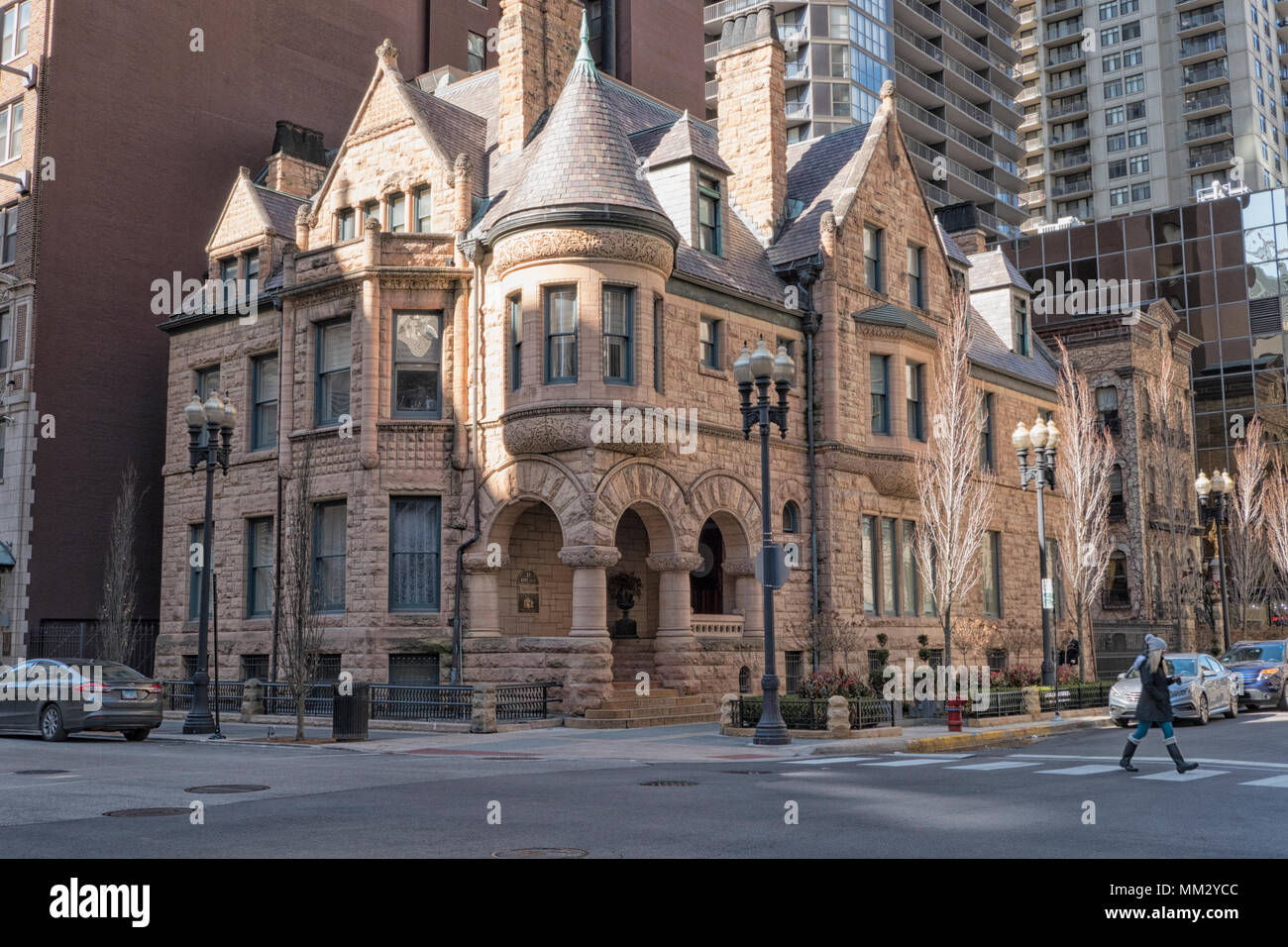 Lösegeld Kabel Herrenhaus im Jahre 1886 an der südwestlichen Ecke von Erie Street und Wabash Avenue in Chicago, IL Stockfoto