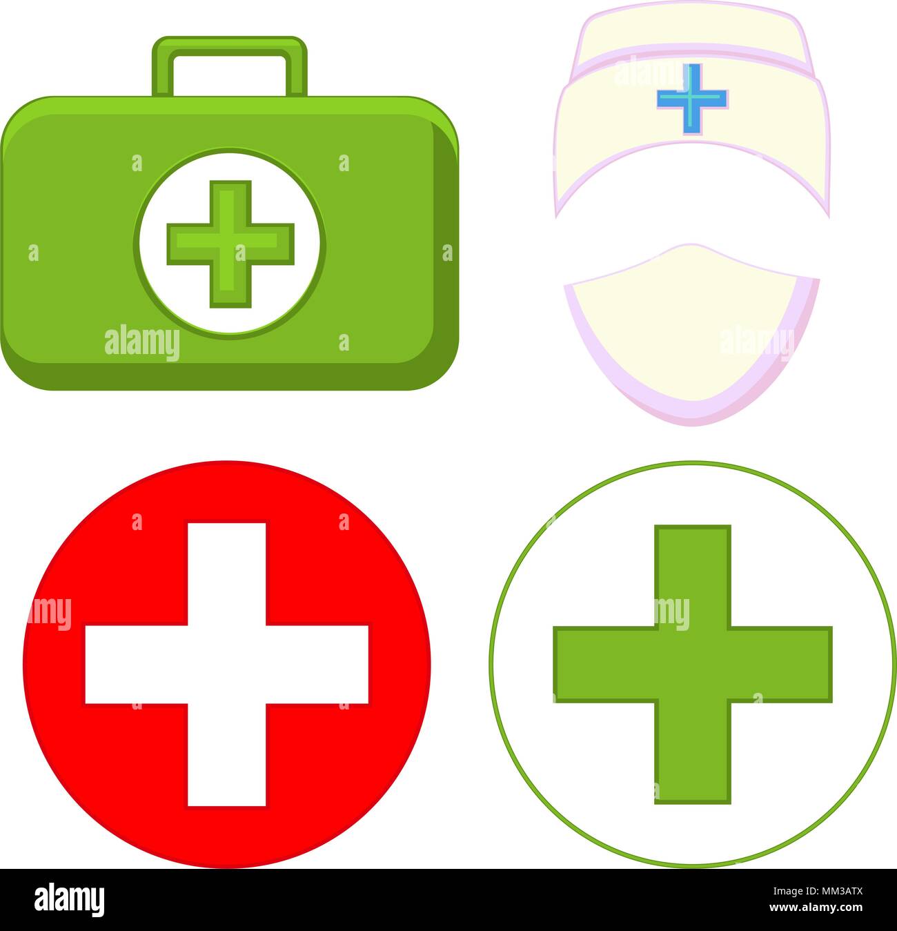 Bunte cartoon medizinische Erste Hilfe Set in weißem Hintergrund. Healthcare themed Vector Illustration für Symbol, Aufkleber, Zeichen, Zertifikat, Abzeichen, Stock Vektor