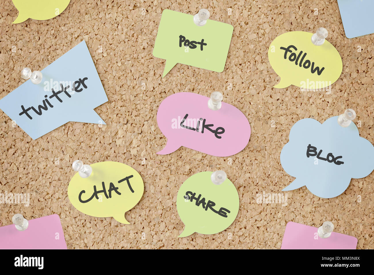 Sprechblasen mit social media Konzepte auf der Pinnwand Stockfoto