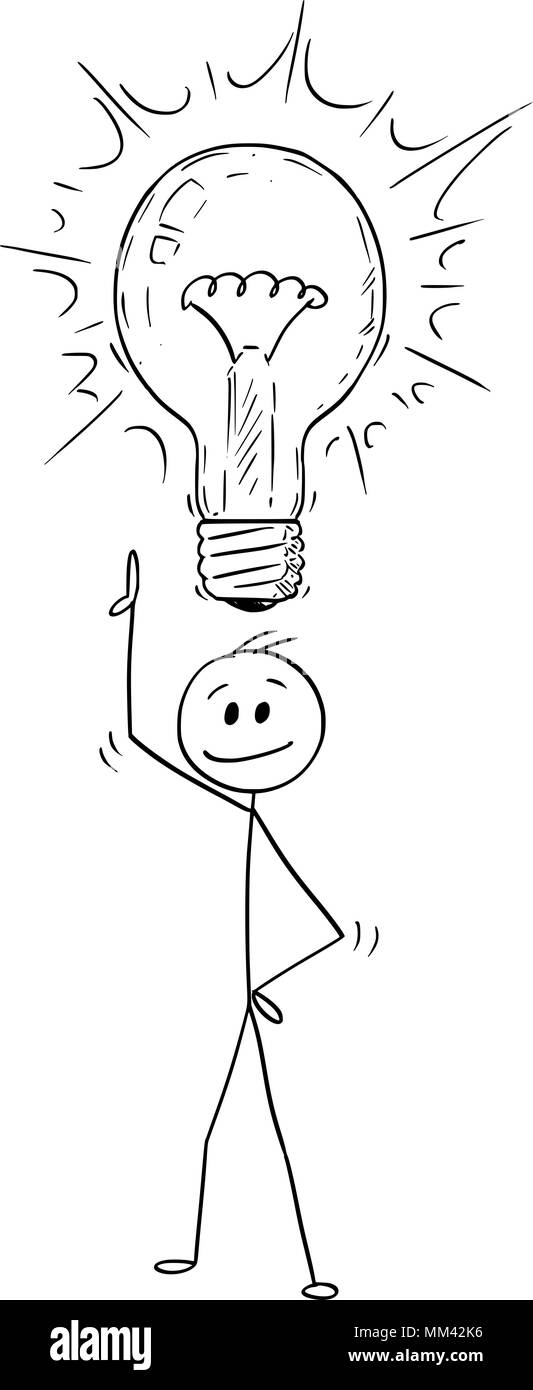 Cartoon von Mann oder Geschäftsmann mit Idee und leuchtende Glühbirne über dem Kopf Stock Vektor