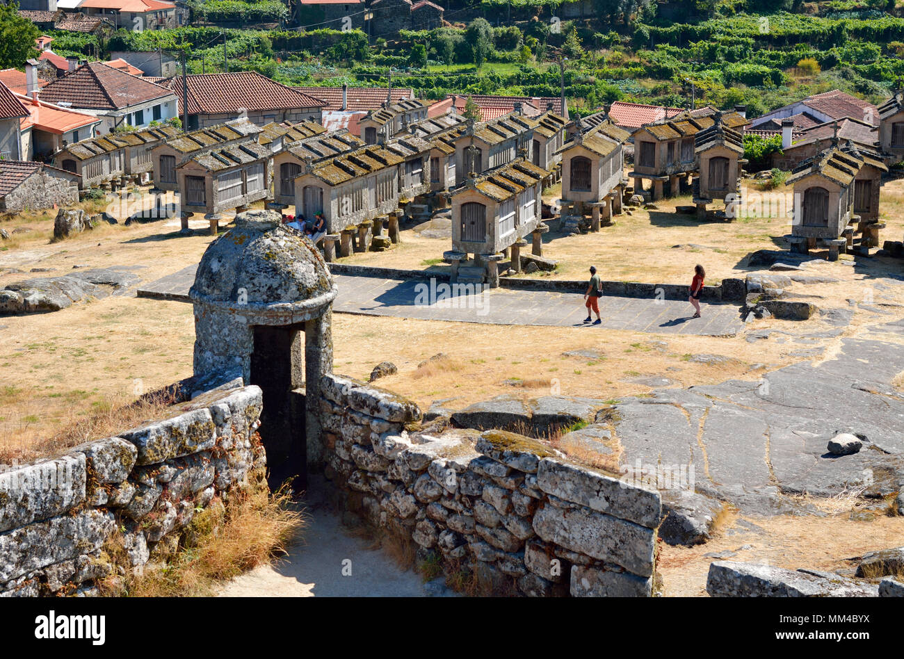 Espigueiros, die alten und traditionellen Stein Getreidespeicher der Lindoso. Peneda Gerês National Park, Portugal Stockfoto