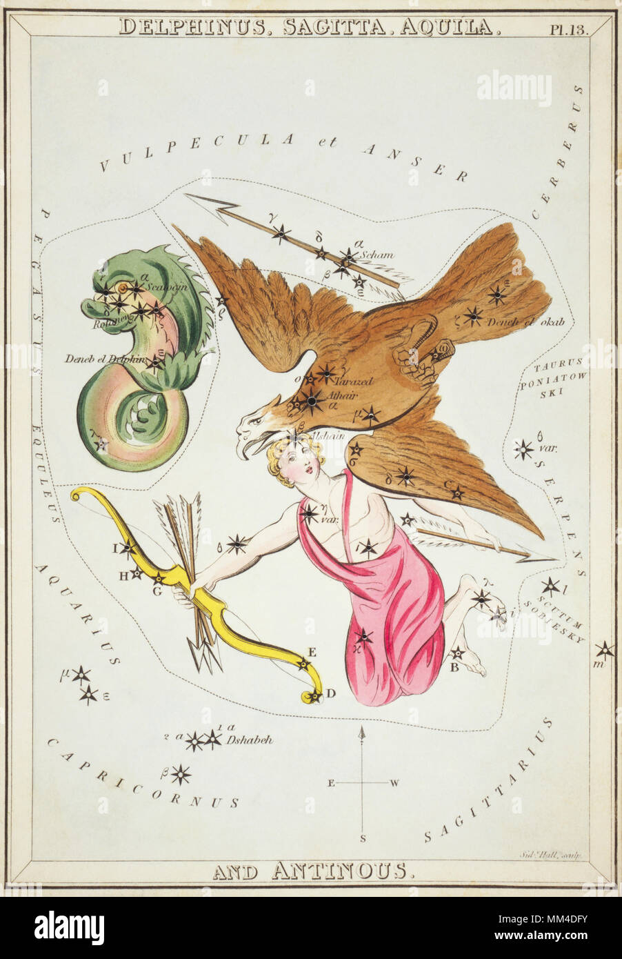 Delphinus, Sagitta, Aquila und Antinous. Karte Nummer 13 von Urania's Mirror, oder einen Blick auf den Himmel, eines der 32 astronomischen Star Chart Karten von Sidney Hall graviert und publshed 1824. Stockfoto