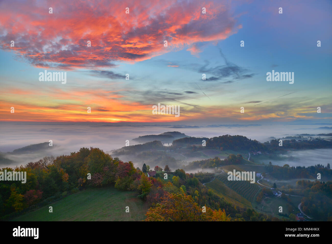 Herbst Nebel Sonnenaufgang Stockfoto