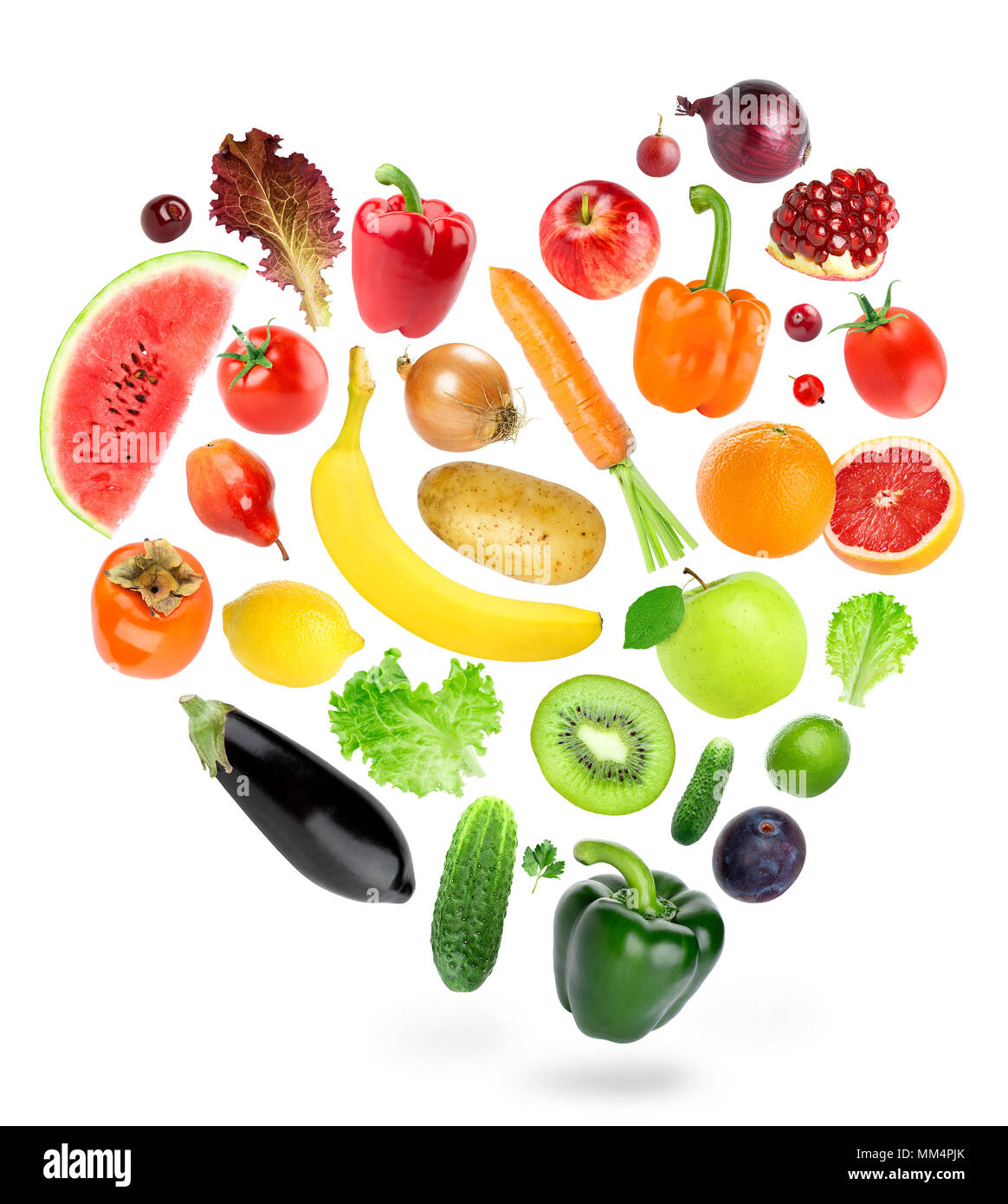 Fallende Früchte und Gemüse auf weißem Hintergrund. Gesunde Ernährung Konzept. Frische Lebensmittel Stockfoto