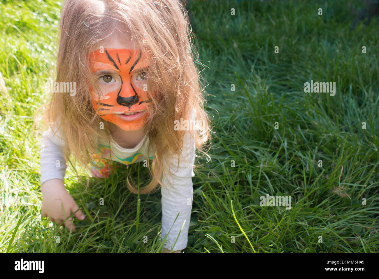 Kleines Mädchen mit einem Tiger auf ihr Gesicht im Gras sitzen. Die tätowierung für ein junges Kind. Die Kreativität der Kinder. Schöne Figur auf Baby Gesicht Stockfoto