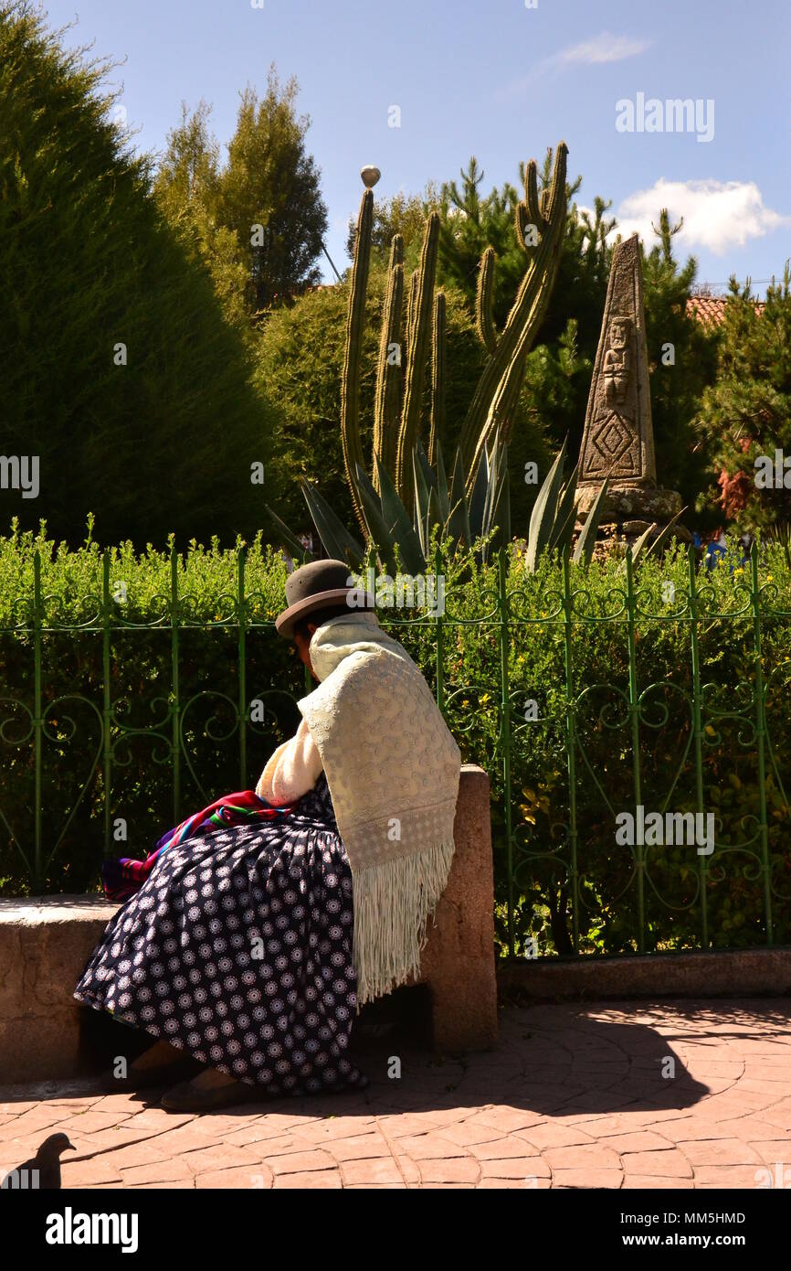 Bolivianischen Traditionelle sitzende Frau Hut Kleid Cactus Park Stockfoto