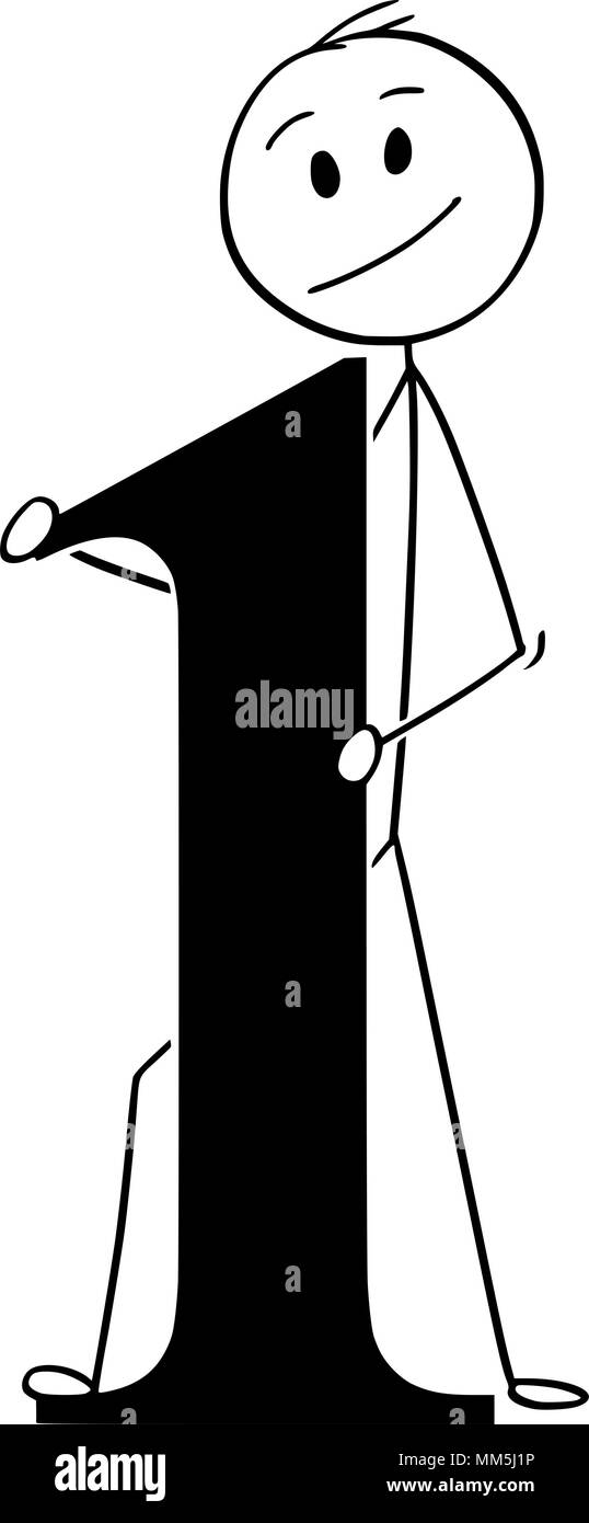 Cartoon von Mann oder Geschäftsmann Holding große Nummer Eins oder 1. Stock Vektor