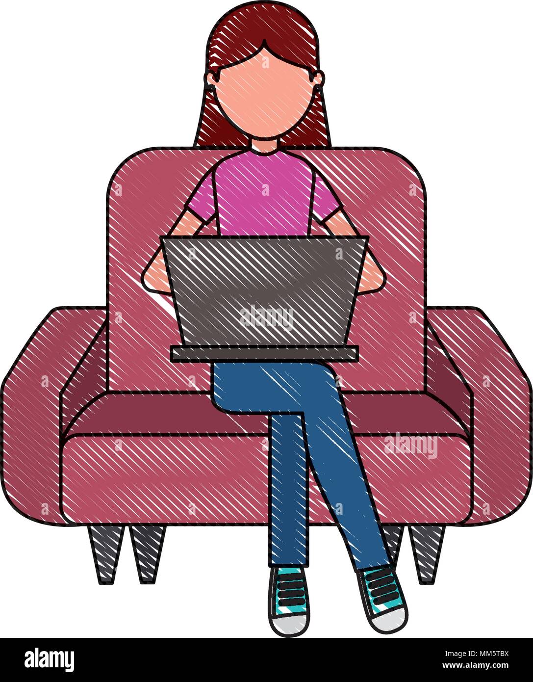 Frau sitzt und studieren auf dem Sofa mit Laptop Vector Illustration Stock Vektor