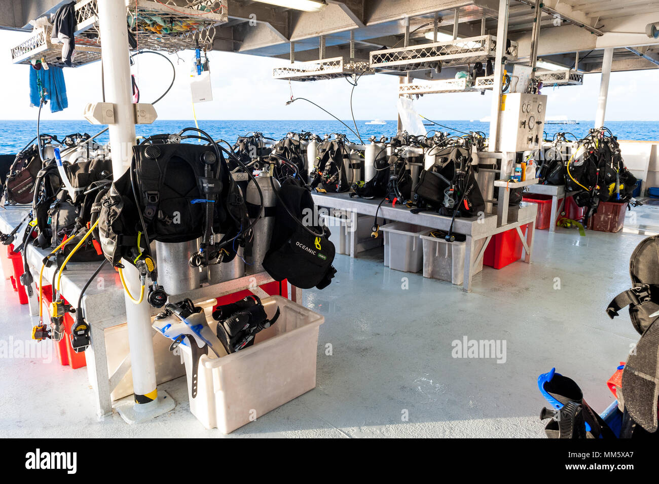 Tauchen Sie das Zahnrad auf dem Deck eines Tauchsafari Boot bereit für den nächsten Tauchgang am Great Barrier Reef in Australien. Stockfoto