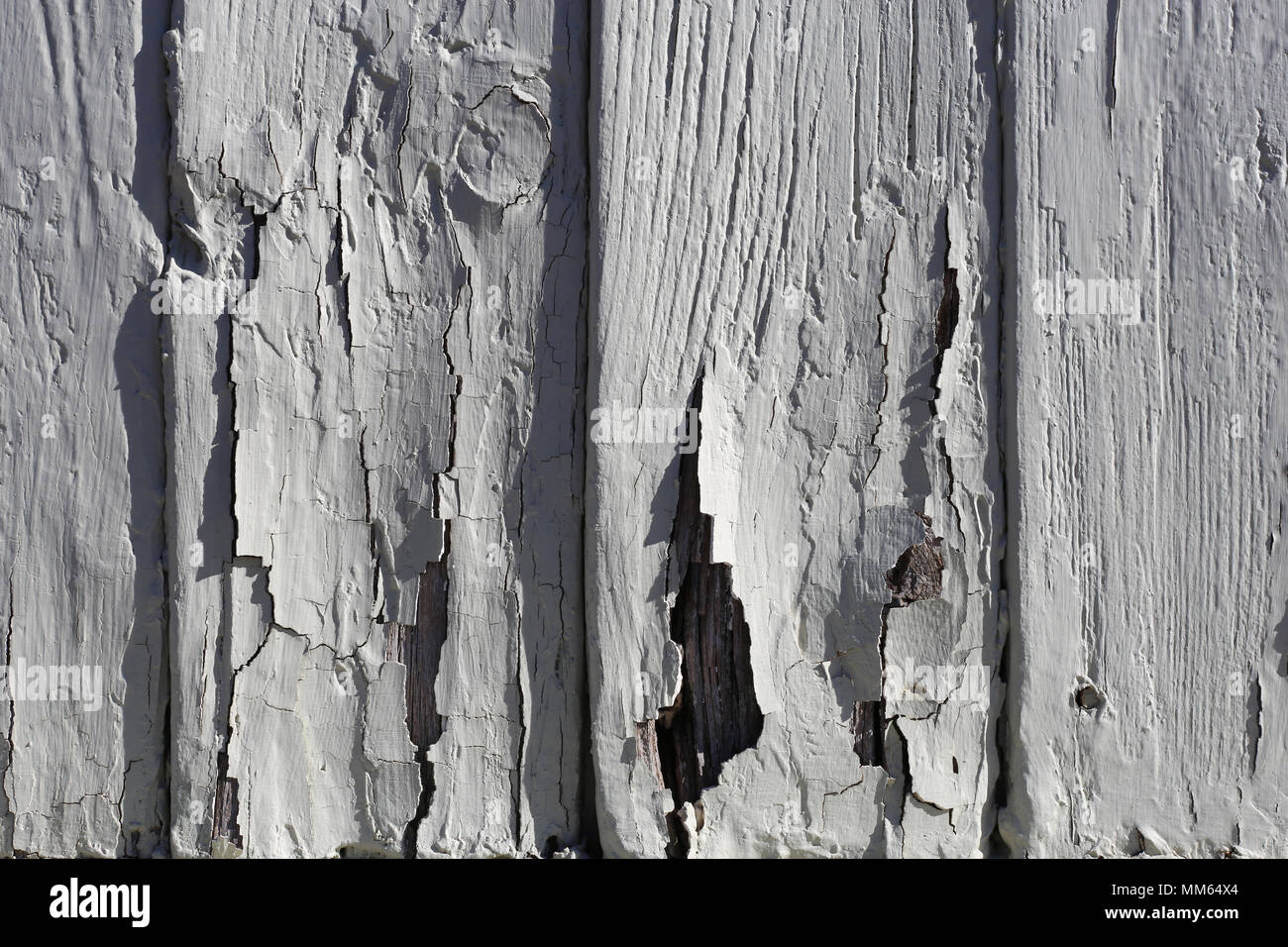 Eine Nahaufnahme eines von außen eine Holzwand mit einigen senkrechten Linien und rissige alte Farbe. Stockfoto