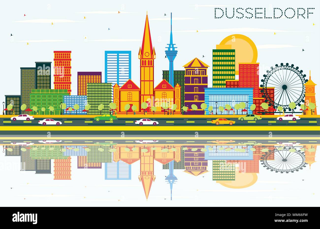 Düsseldorf Skyline mit Farbe Gebäude, blauer Himmel und Reflexionen. Vector Illustration. Stock Vektor