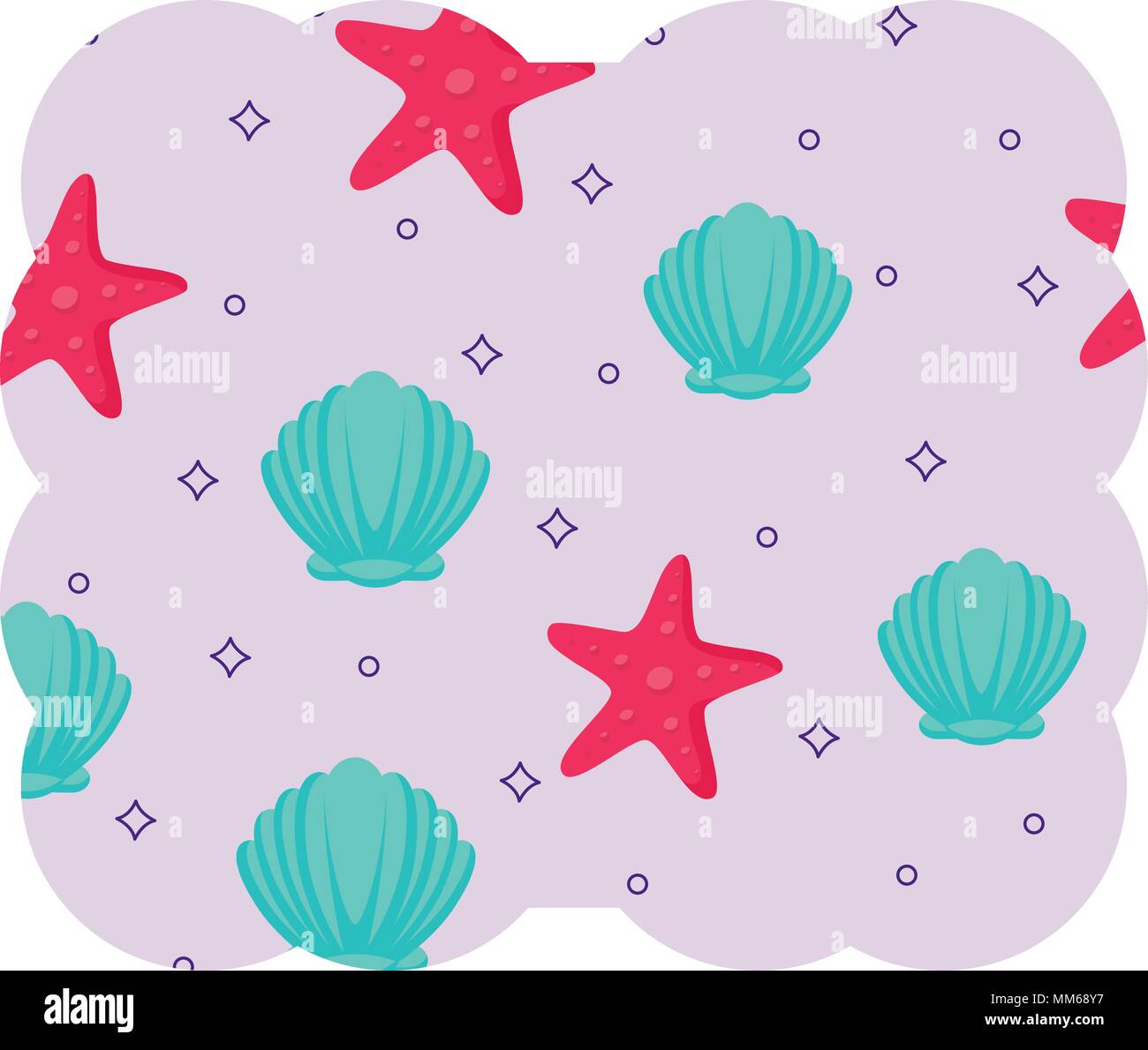 Dekorative Rahmen mit Muscheln und Seesternen Muster auf weißem Hintergrund, Vector Illustration Stock Vektor
