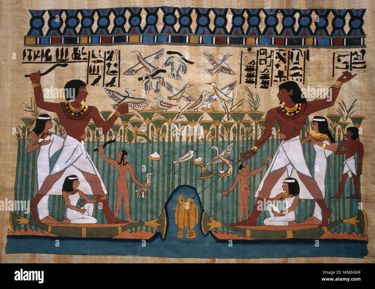 Artwork. Ägyptischen papyrus Malerei. Ägypten. Nil Delta Handwerk. Stockfoto