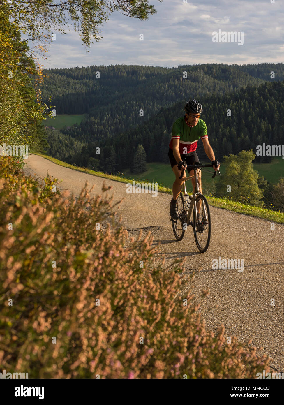 Mann reiten Rennrad auf Radtour im mittleren Schwarzwald, Deutschland Stockfoto