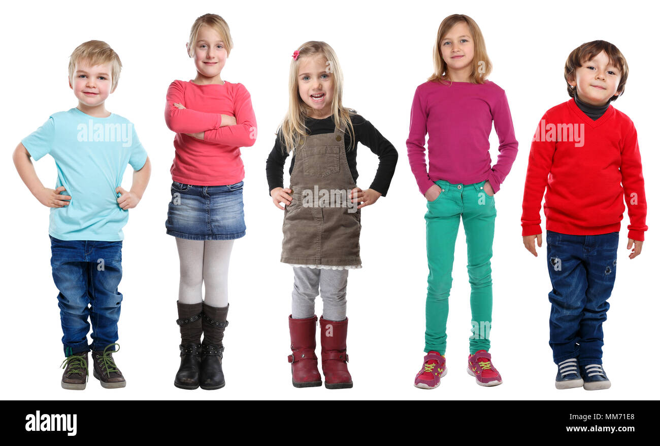 Gruppe von Kindern Kinder kleine Jungen Mädchen voller Körper Portrait auf weißem Hintergrund Stockfoto