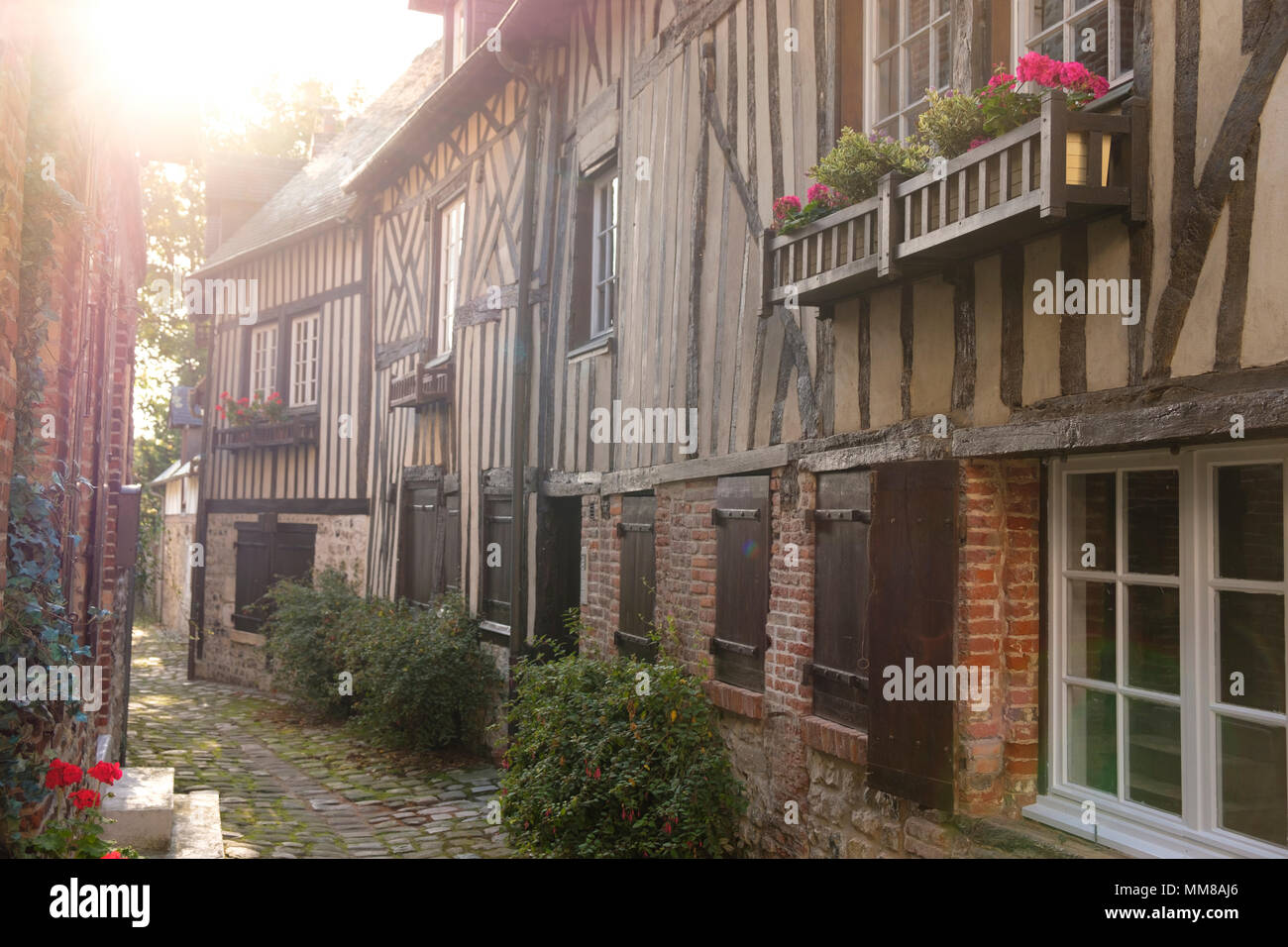 Fachwerkhaus Wohnungen im französischen Dorf von Honfleur, Normandie, Frankreich, Europa Stockfoto
