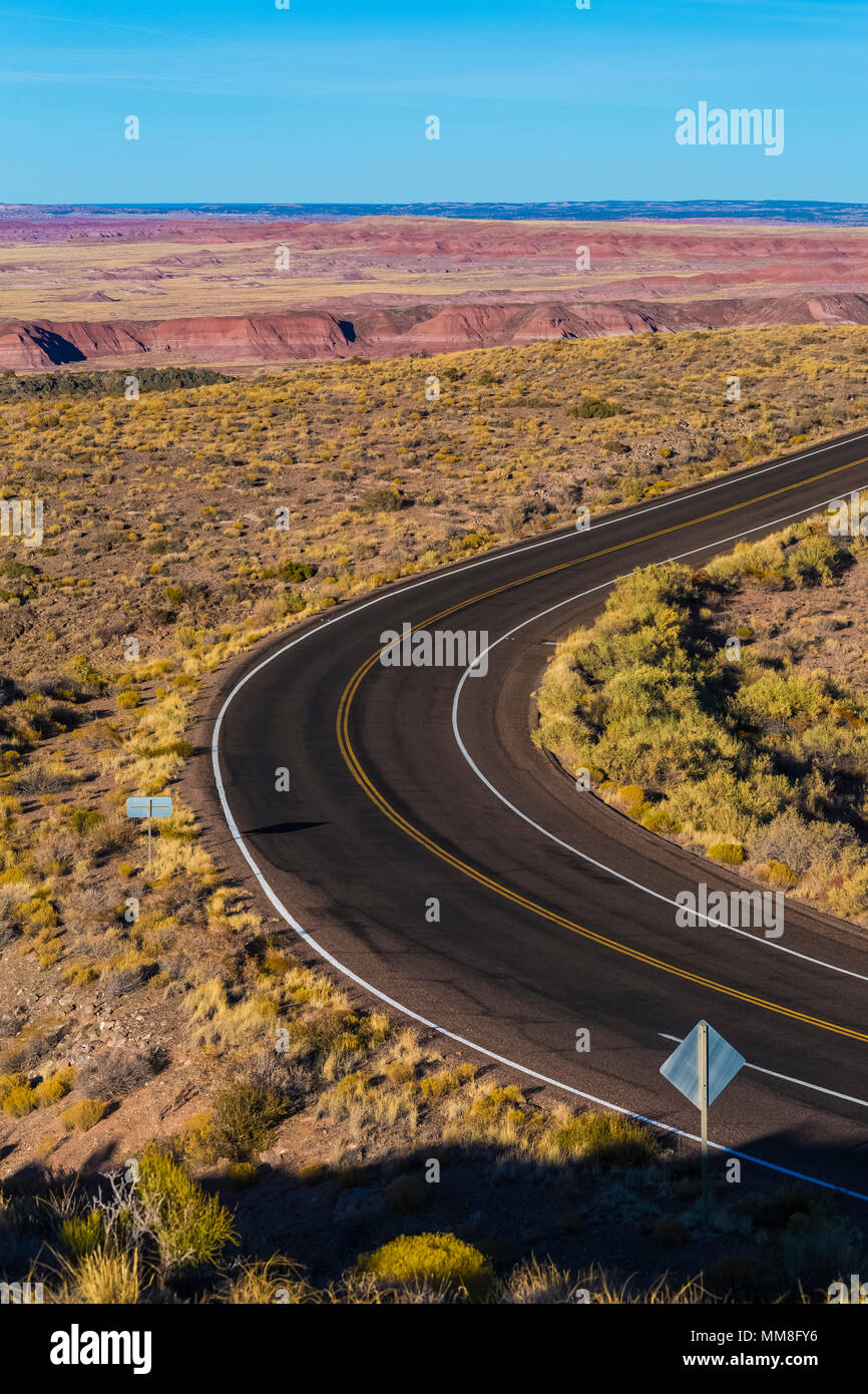 Park Road in Petrified Forest National Park durch die Landschaft mit Blick auf die Painted Desert, Arizona, USA geschwungene Stockfoto