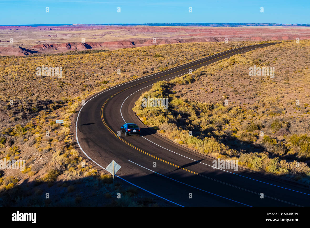 Park Road in Petrified Forest National Park durch die Landschaft mit Blick auf die Painted Desert, Arizona, USA geschwungene Stockfoto