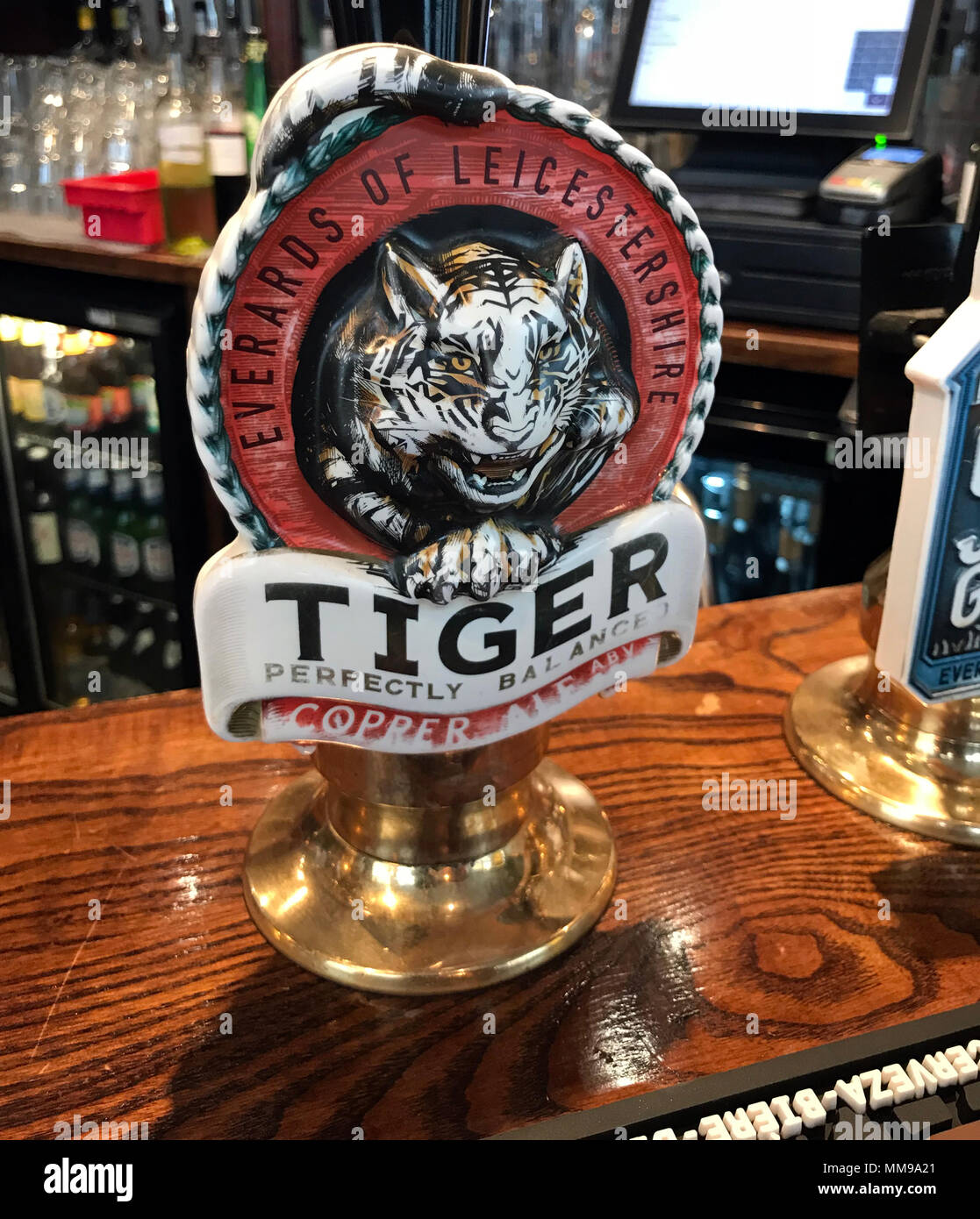 Everards Tiger Beer Pumpen auf eine Bar, in einem traditionellen englischen Pub, England, Großbritannien Stockfoto