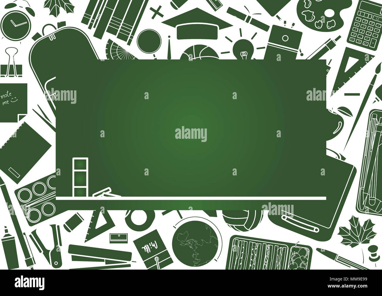 Grüne Kreidetafel im Zentrum von green silhouette Schreibwaren umgeben. Hintergrund Design für Schule und Ausbildung in Vector Illustration. Stock Vektor