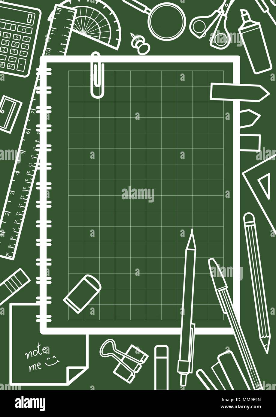 Notebook mit Platz für Text in den Mittelpunkt von Schreibwaren umgeben. Hintergrund Design für Schule und Ausbildung in Vector Illustration. Stock Vektor