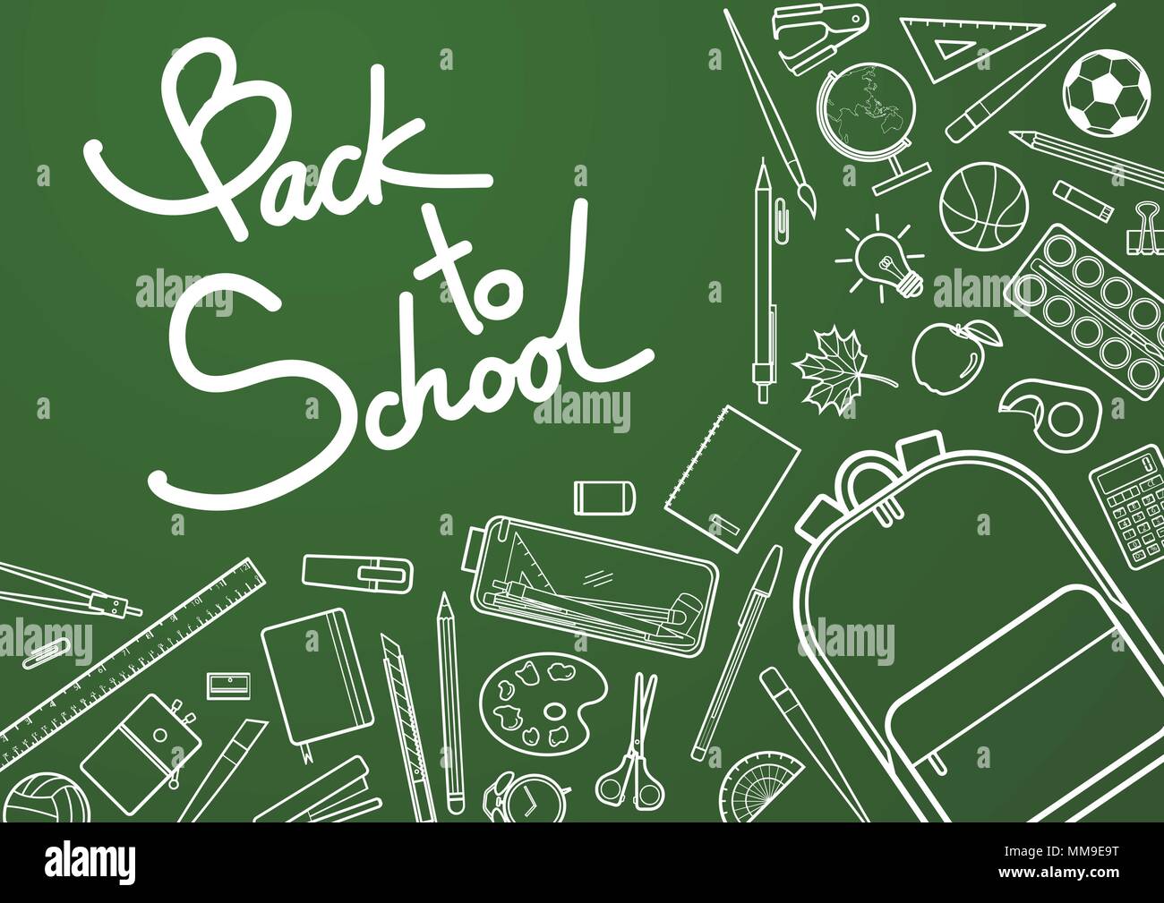 Zurück zur Kalligraphie Schule an der Ecke mit stationären Random rund um den Text. Hintergrund Design für Schule und Ausbildung in Vector Illustration. Stock Vektor