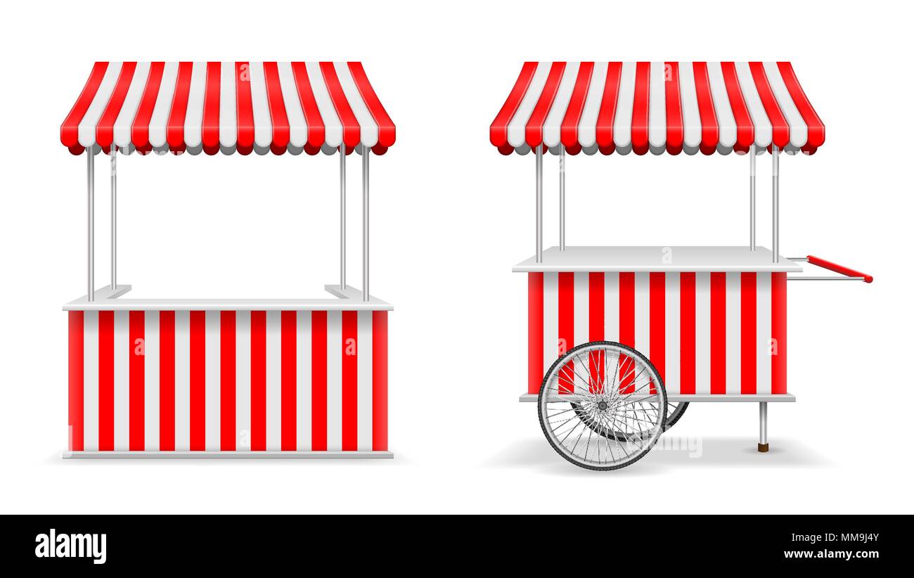 Realistische Satz von Street Food Kiosk und Wagen mit Rädern. Mobile red Markt Vorlage abgewürgt. Landwirt kiosk Shop mockup. Vector Illustration Stock Vektor