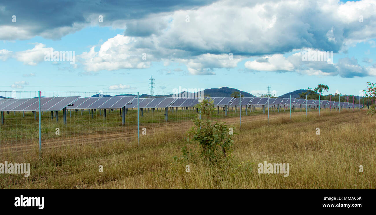 Panoramablick über riesige Palette von Solarzellen auf Bauernhof unter blauem Himmel in Central Queensland Australien Stockfoto