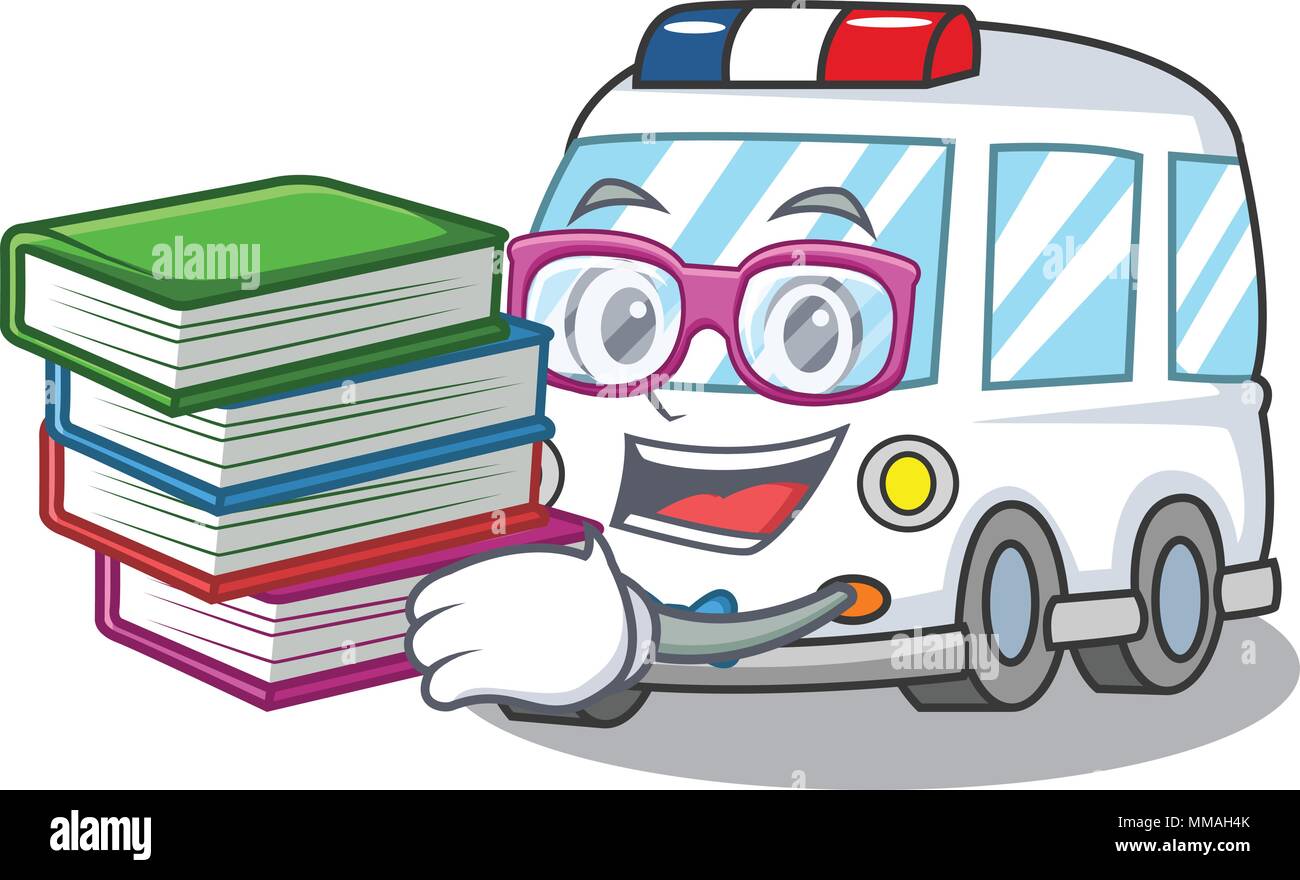 Schüler mit Buch Krankenwagen Maskottchen Cartoon Stil Stock Vektor