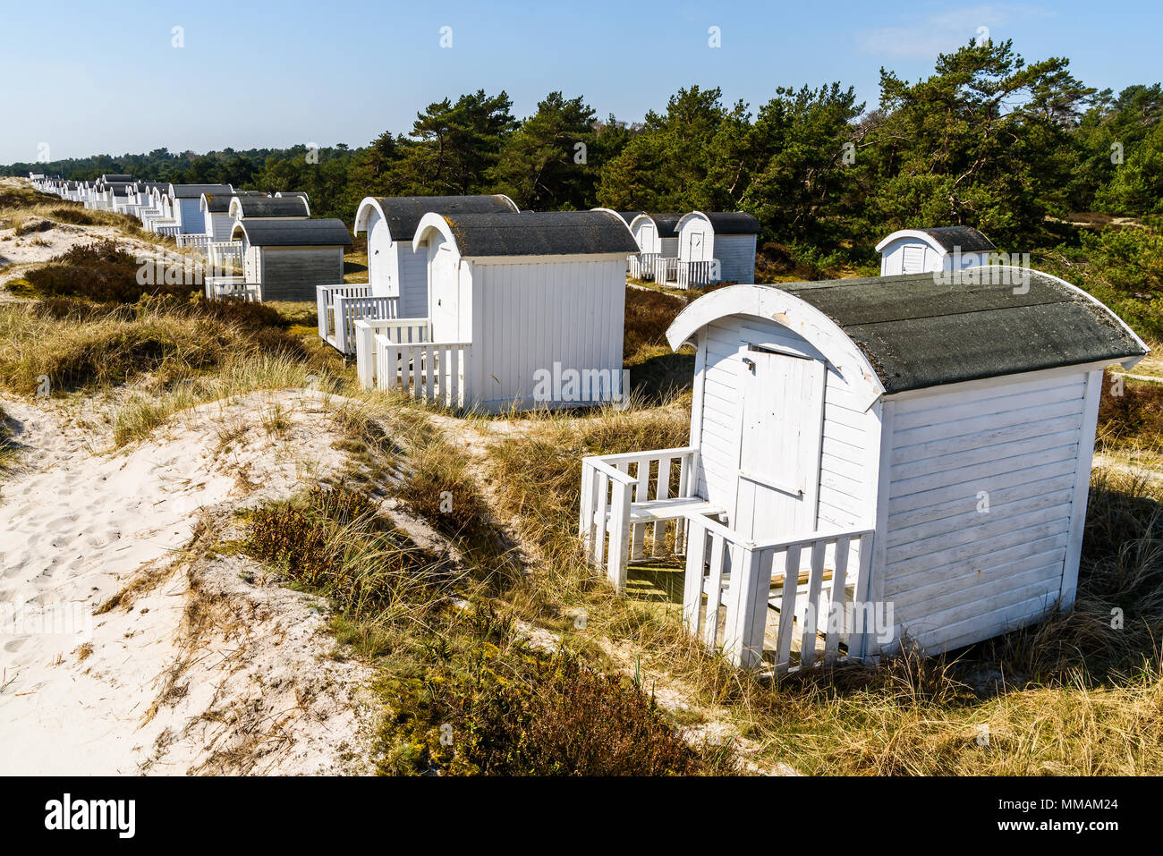 Falsterbo, Schweden - Weiße Meer baden Hütten in einer Reihe von Heather und Sand auf einem sonnigen warmen Tag. Stockfoto