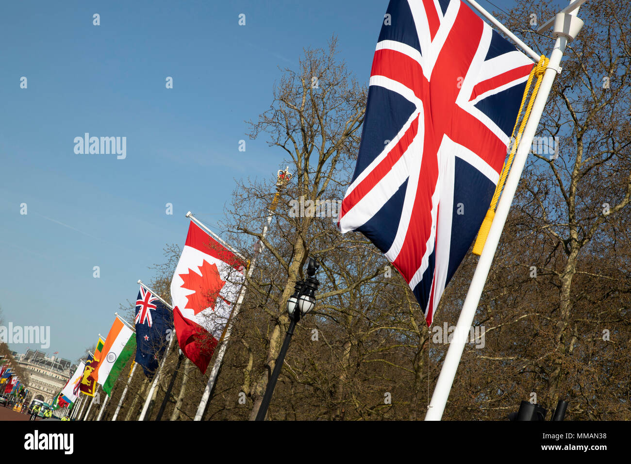 Flaggen der Commonwealth unter der Woche des Commonwealth Regierungschefs Treffen in London, England, Vereinigten Königreich zu feiern. Stockfoto