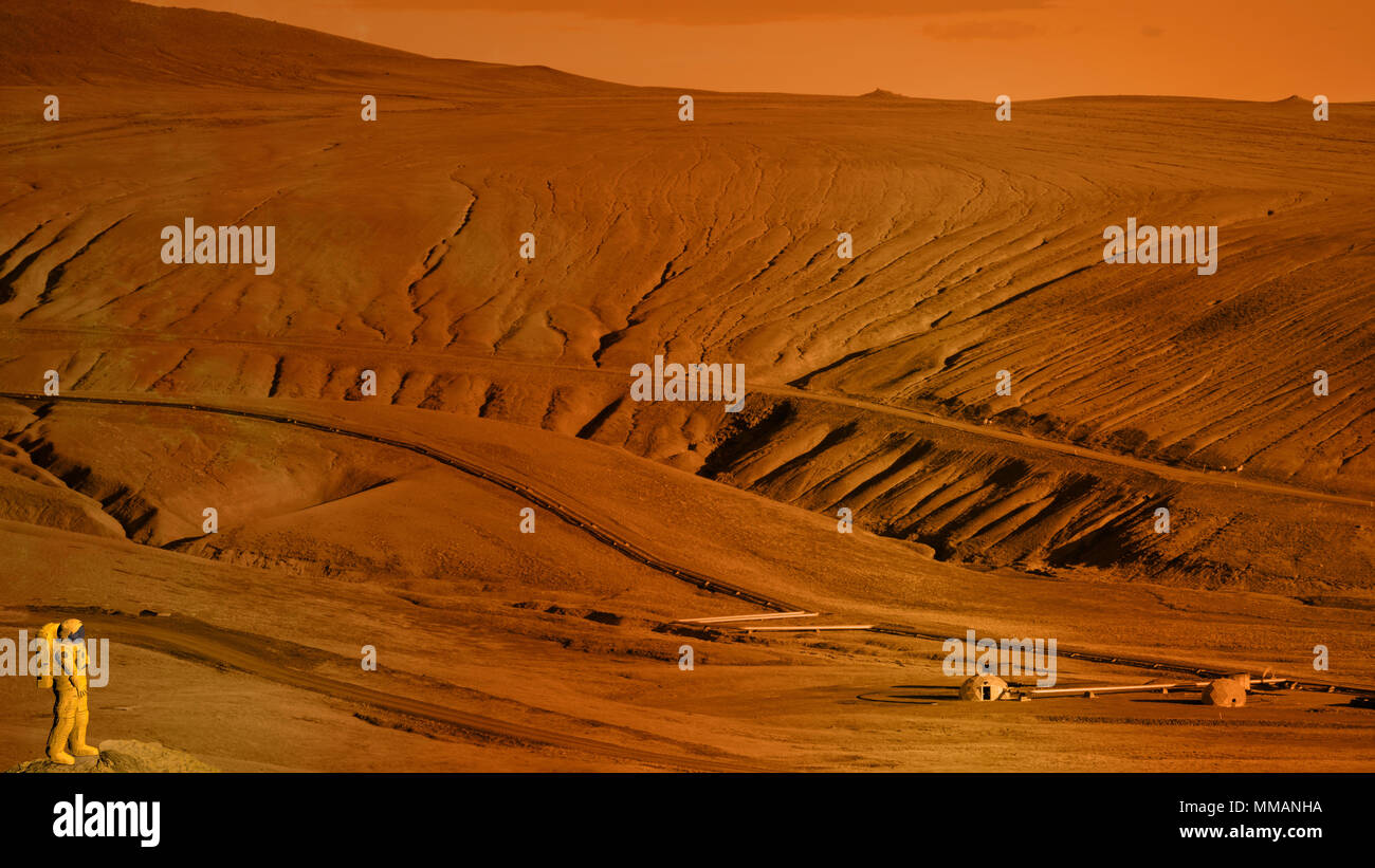 Astronaut auf dem Boden des Mars. Kolonisation, Platz. Planet Mars, Erde, Kruste, Weltraum, Sonnensystem. 3D-Rendering Stockfoto