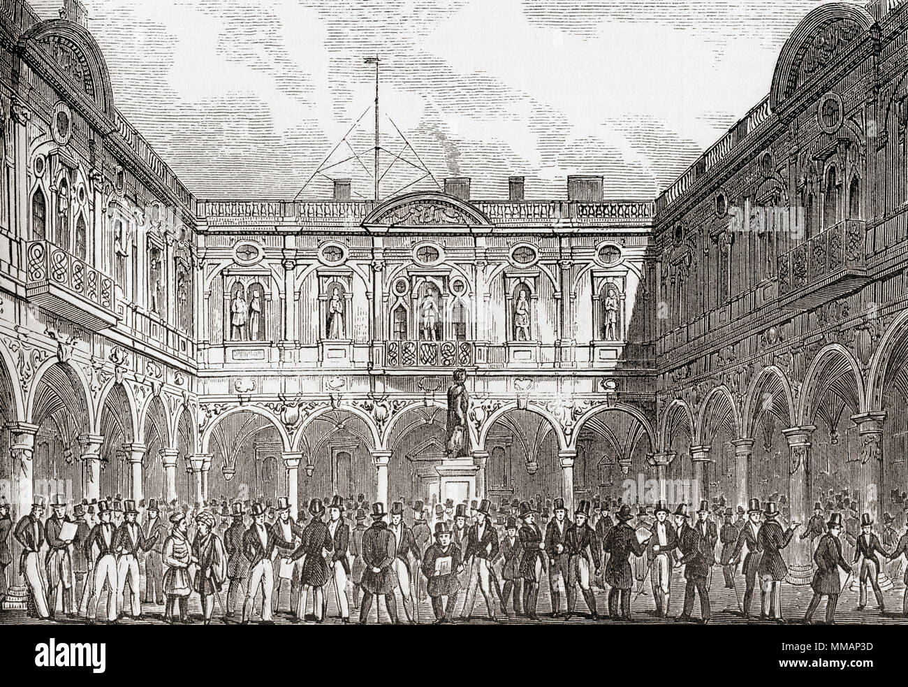 Der Innenhof des zweiten Royal Exchange, London, England, das Gebäude brannte im Feuer von 1838. Aus Old England: eine bildliche Museum, veröffentlicht 1847. Stockfoto