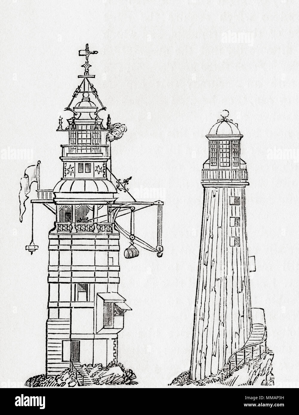 Links, eine Winstanley Leuchtturm, Recht, ein rudyard Leuchtturm. Henry Winstanley, (1644 - 1703). Englischer Maler und Ingenieur, der die ersten Eddystone Leuchtturm gebaut, verlor er sein Leben in den Leuchtturm, die total während des Großen Sturm von 1703 zerstört wurde. John rudyard oder Rudyerd, (1650-1718), Erbauer des zweiten Eddystone Leuchtturm, auch dies durch einen Brand im Jahre 1755 zerstört wurde. Aus Old England: eine bildliche Museum, veröffentlicht 1847. Stockfoto